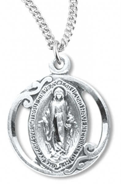 Women's or Youth Round Cut Out Miraculous Medal Necklace - Sterling Silver