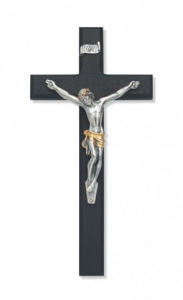 Black Wood Wall Crucifix with Two-Tone Corpus 10 inch Beveled - Two-Tone