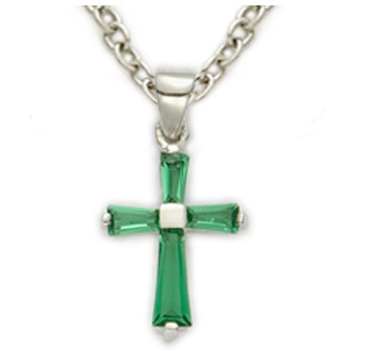 Youth Birthstone Baguette Cross Necklace - Emerald Green