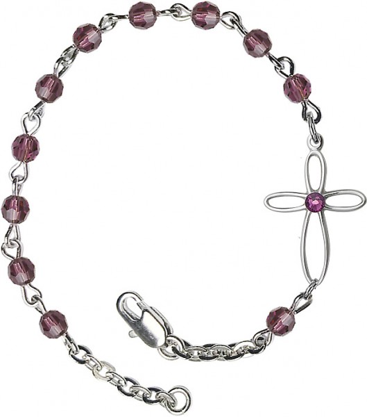 Girls Silver Cross Bracelet 4mm Swarovski Crystal beads - Amethyst