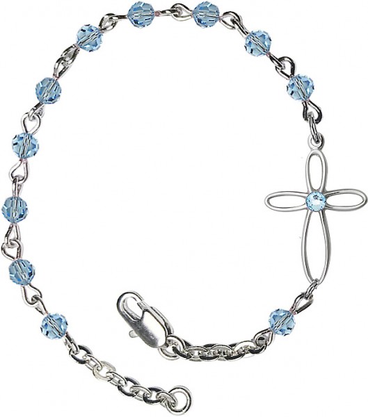 Girls Silver Cross Bracelet 4mm Swarovski Crystal beads - Aqua