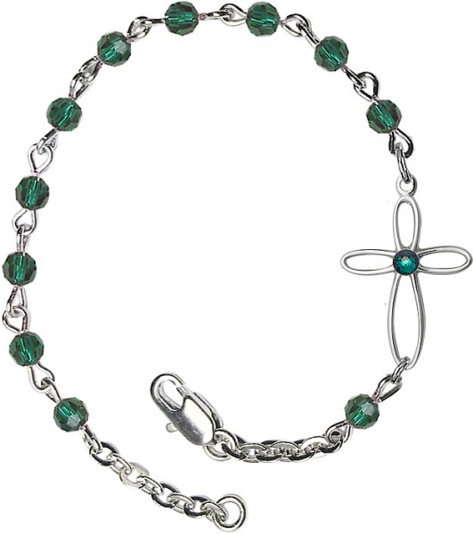 Girls Silver Cross Bracelet 4mm Swarovski Crystal beads - Emerald Green