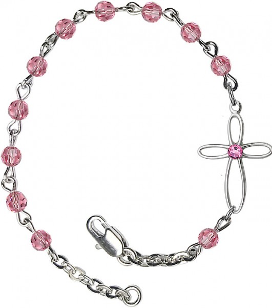 Girls Silver Cross Bracelet 4mm Swarovski Crystal beads - Rose