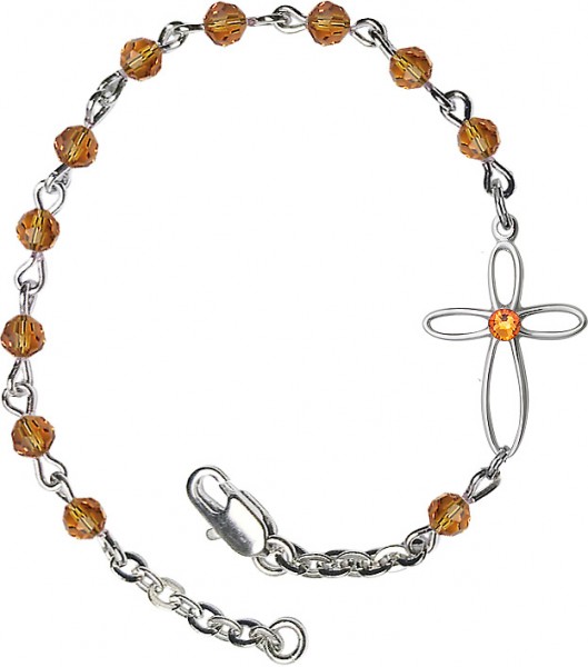 Girls Silver Cross Bracelet 4mm Swarovski Crystal beads - Topaz