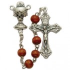 First Communion Brown Wood Rosary with Chalice Centerpiece  