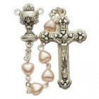 First Communion Pink Pearl Heart Rosary with Chalice Centerpiece
