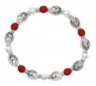Women's Red and White Bead Stretch Bracelet with Divine Mercy Medals