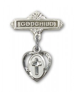 Baby Badge with Heart Shaped Cross Charm and Godchild Badge Pin [BLBP0228]