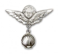 Baby Pin with Shell Charm and Angel with Larger Wings Badge Pin [BLBP0102]