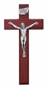 Beveled Cherry Stained Wood Crucifix with Silver-Tone Corpus 8 Inch [CRX4446]