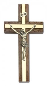 Classic Crucifix Wall Cross in Walnut and Metal Inlay 4“ [CRB0024]