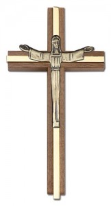 Contemporary Risen Christ Wall Cross in Walnut and Metal Inlay 6“ [CRB0061]