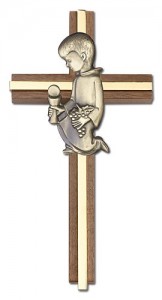 First Communion Boy Wall Cross in Walnut and Metal Inlay - 6 inch  [CRB0066]
