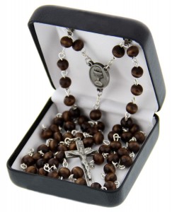 First Communion Brown Wood Rosary with Chalice Centerpiece [MVCR004]