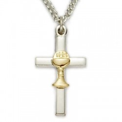 First Communion Sterling Silver Cross Pendant with Gold Chalice   [SNC0039]