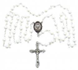 First Communion White Pearl Rosary with Chalice Centerpiece [MVCR001]
