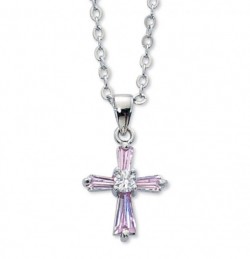 Girls Pink Cubic Zirconia Cross Necklace [MV1066]