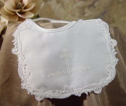 Girls Poly Satin Baptism Bib with Puff Ink Cross &amp; Venise Lace [BIBLT006]