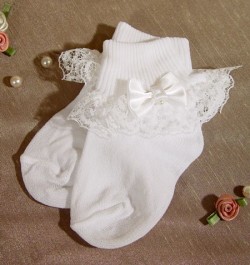Girls White Nylon Anklet Baptism Socks with Lace &amp; Pearled Bow [CFSBSK003]