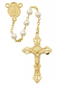 Gold Tone and Pearlized Bead Rosary [MVRB1181]