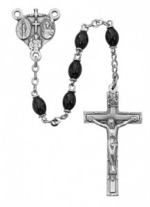 Men's Black Glass Rosary with Miraculous, Sacred Heart, and St. Joseph Centerpiece [RBMV024]
