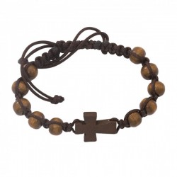 Men's Brown Wood Beads with Cross and Black Cord Bracelet [MCBR0015]