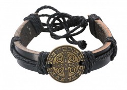 Men's Leather Bracelet with St Benedict Medal Adjustable [MCBR0012]