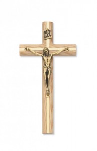 Oak Crucifix with Gold-Tone Inlay 8 inch beveled [CRX3859]