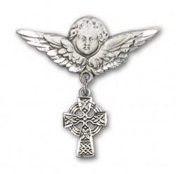 Pin Badge with Celtic Cross Charm and Angel with Larger Wings Badge Pin [BLBP0177]