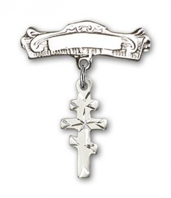 Pin Badge with Greek Orthadox Cross Charm and Arched Polished Engravable Badge Pin [BLBP0239]