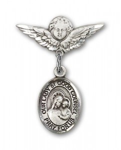 Pin Badge with Our Lady of Good Counsel Charm and Angel with Smaller Wings Badge Pin [BLBP1879]