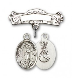 Pin Badge with Our Lady of Guadalupe Charm and Arched Polished Engravable Badge Pin [BLBP1325]