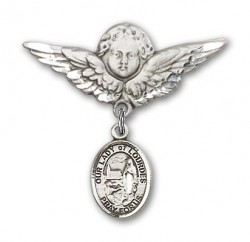 Pin Badge with Our Lady of Lourdes Charm and Angel with Larger Wings Badge Pin [BLBP1885]