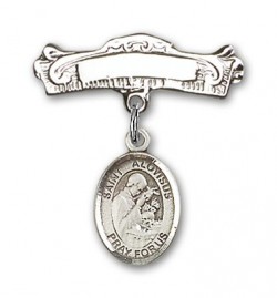 Pin Badge with St. Aloysius Gonzaga Charm and Arched Polished Engravable Badge Pin [BLBP1458]