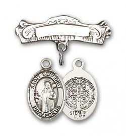 Pin Badge with St. Benedict Charm and Arched Polished Engravable Badge Pin [BLBP0316]