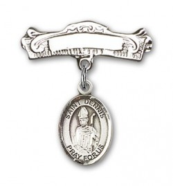 Pin Badge with St. Dennis Charm and Arched Polished Engravable Badge Pin [BLBP0436]