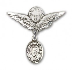 Pin Badge with St. Francis de Sales Charm and Angel with Larger Wings Badge Pin [BLBP0507]