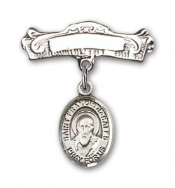Pin Badge with St. Francis de Sales Charm and Arched Polished Engravable Badge Pin [BLBP0506]