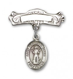 Pin Badge with St. Francis of Assisi Charm and Arched Polished Engravable Badge Pin [BLBP0513]