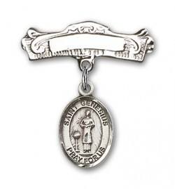 Pin Badge with St. Genesius of Rome Charm and Arched Polished Engravable Badge Pin [BLBP0527]