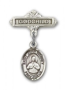Pin Badge with St. John Vianney Charm and Godchild Badge Pin [BLBP1846]