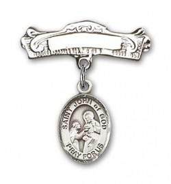Pin Badge with St. John of God Charm and Arched Polished Engravable Badge Pin [BLBP1045]
