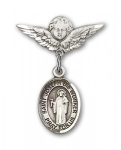 Pin Badge with St. Joseph the Worker Charm and Angel with Smaller Wings Badge Pin [BLBP1425]