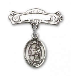Pin Badge with St. Luke the Apostle Charm and Arched Polished Engravable Badge Pin [BLBP0737]