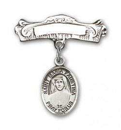 Pin Badge with St. Maria Faustina Charm and Arched Polished Engravable Badge Pin [BLBP0744]