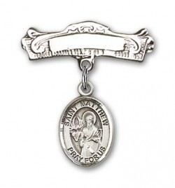 Pin Badge with St. Matthew the Apostle Charm and Arched Polished Engravable Badge Pin [BLBP0779]