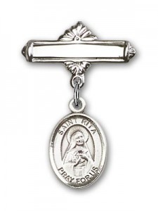 Pin Badge with St. Rita of Cascia Charm and Polished Engravable Badge Pin [BLBP0917]