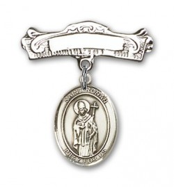 Pin Badge with St. Ronan Charm and Arched Polished Engravable Badge Pin [BLBP2072]