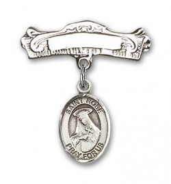 Pin Badge with St. Rose of Lima Charm and Arched Polished Engravable Badge Pin [BLBP0926]