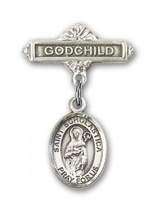 Pin Badge with St. Scholastica Charm and Godchild Badge Pin [BLBP0957]